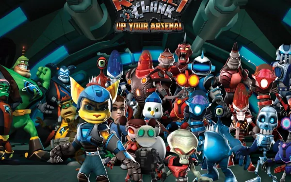 HD PC desktop wallpaper featuring characters from the video game Ratchet & Clank: Up Your Arsenal in a dynamic group pose inside a futuristic setting.