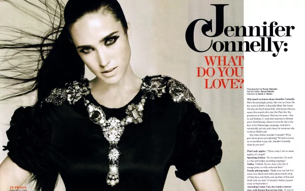 4K Ultra HD PC desktop wallpaper featuring celebrity Jennifer Connelly in a striking black outfit with embellished details, accompanied by the text Jennifer Connelly: What Do You Love?