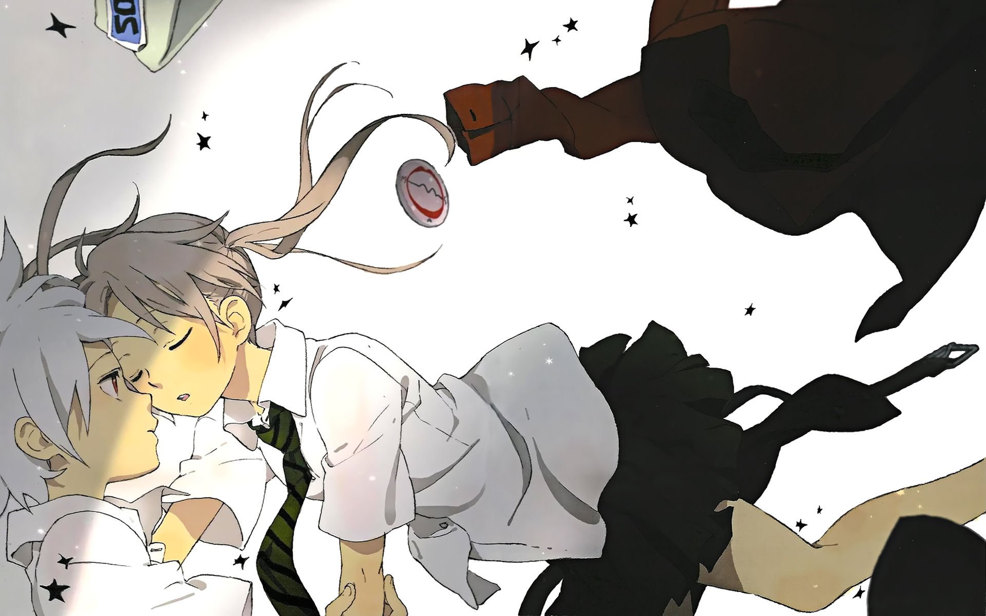 HD PC desktop wallpaper featuring anime characters from Soul Eater in a dynamic and intimate pose with a minimalist white background and star accents.