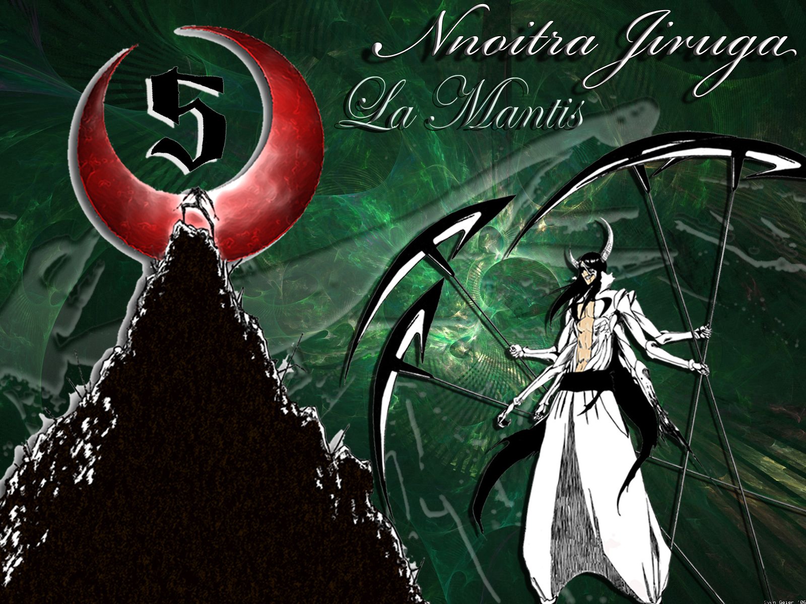 HD PC anime wallpaper of Nnoitra Gilga from Bleach: dark green backdrop, Espada #5 emblem on the left and Nnoitra with mantis-like scythe arms on the right.