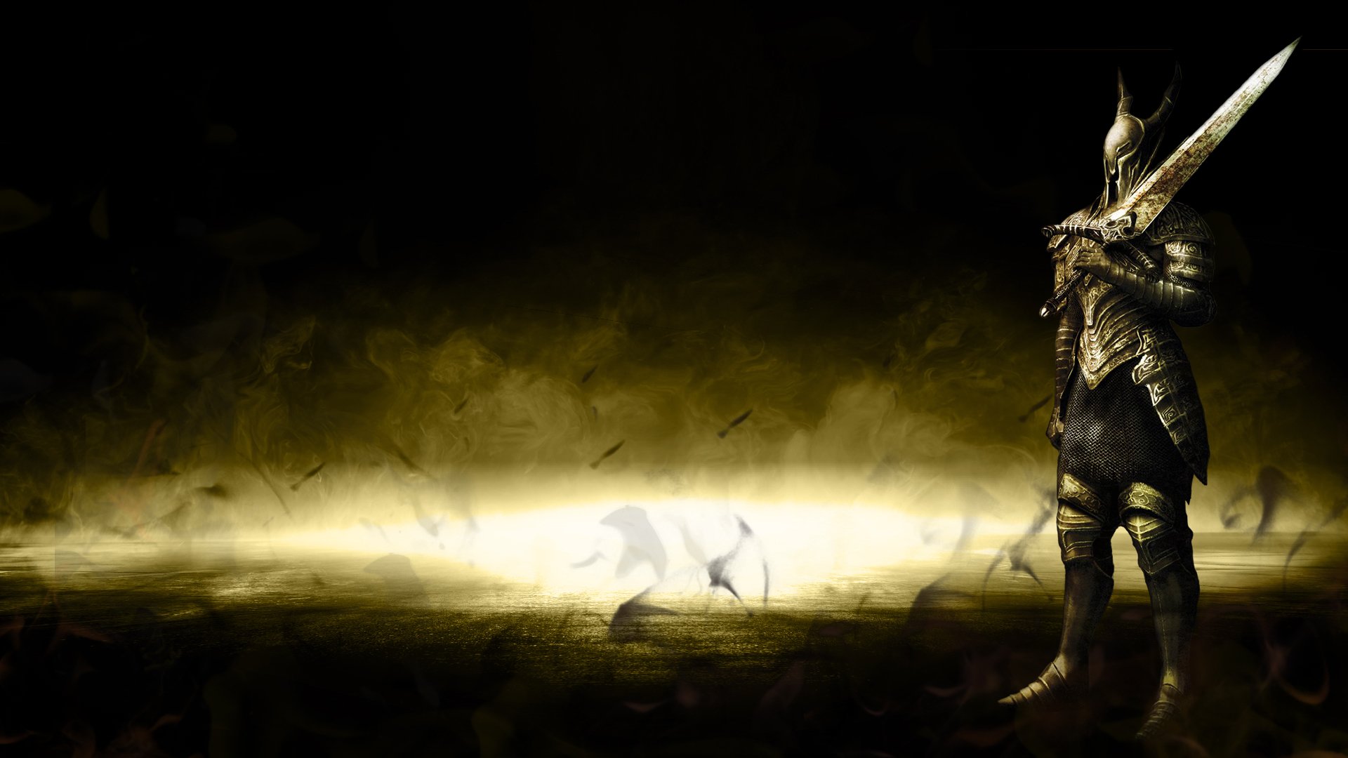 Fantasy knight in ornate armor with a massive sword stands against a glowing horizon, dramatic dark landscape — HD PC desktop wallpaper background.