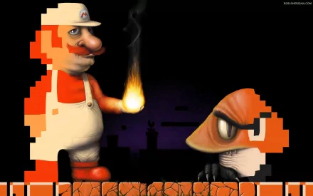HD desktop wallpaper featuring Mario holding a fireball and facing a Goomba in a pixelated style from the video game Super Mario Bros.