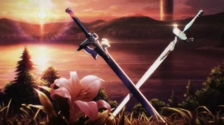 HD desktop wallpaper of a serene lake during sunset with two crossed swords and a flower in the foreground, inspired by Sword Art Online anime.