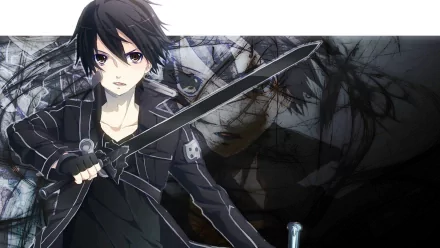 HD desktop wallpaper featuring Kirito from Sword Art Online, showcasing the character in a dynamic pose with his sword against a dark, detailed background.
