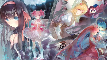 HD PC desktop wallpaper featuring Charlotte, Sayaka Miki, Mami Tomoe, Kyōko Sakura, Madoka Kaname, and Homura Akemi from the anime Puella Magi Madoka Magica.