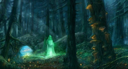 HD fantasy forest scene depicting a glowing green figure standing among towering trees and fungi, set in a mystical, dark woodland environment.
