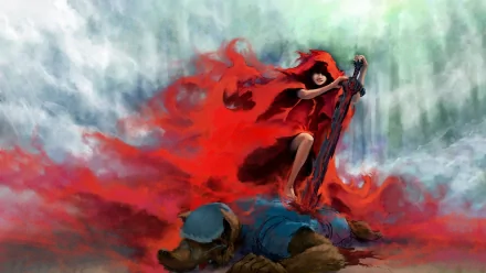 A dramatic fantasy scene featuring a fierce character in a flowing red cloak wielding a sword, standing over a fallen wolf, set against a swirling, atmospheric background.