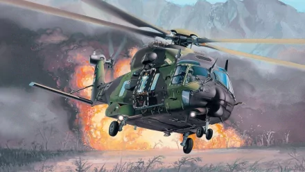 Military NHIndustries NH90 helicopter in flight with explosion in the background, captured in a high-definition desktop wallpaper and background image.