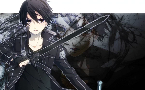 HD desktop wallpaper featuring Kirito from Sword Art Online, showcasing the character in a dynamic pose with his sword against a dark, detailed background.