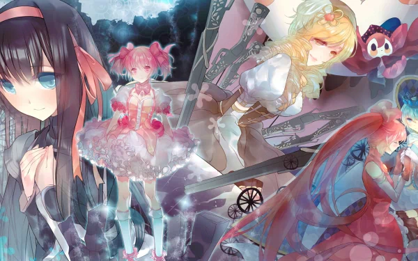 HD PC desktop wallpaper featuring Charlotte, Sayaka Miki, Mami Tomoe, Kyōko Sakura, Madoka Kaname, and Homura Akemi from the anime Puella Magi Madoka Magica.