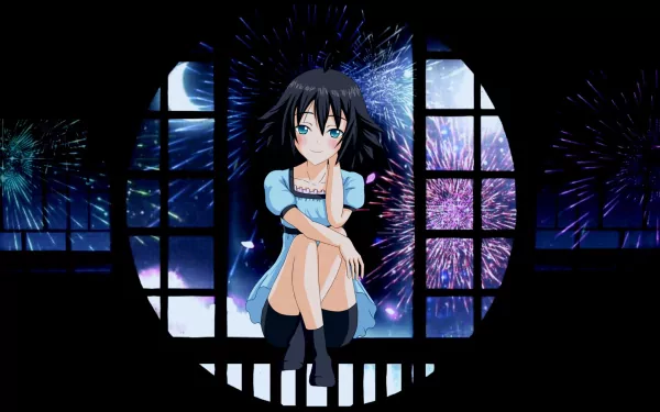 A captivating HD wallpaper featuring Mayuri Shiina from the anime Steins;Gate, set against a vibrant backdrop of fireworks and night sky scenes.