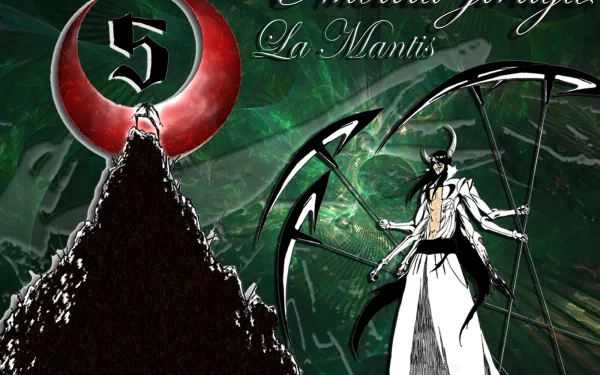 HD PC anime wallpaper of Nnoitra Gilga from Bleach: dark green backdrop, Espada #5 emblem on the left and Nnoitra with mantis-like scythe arms on the right.