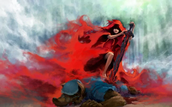 A dramatic fantasy scene featuring a fierce character in a flowing red cloak wielding a sword, standing over a fallen wolf, set against a swirling, atmospheric background.