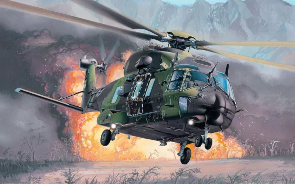 Military NHIndustries NH90 helicopter in flight with explosion in the background, captured in a high-definition desktop wallpaper and background image.