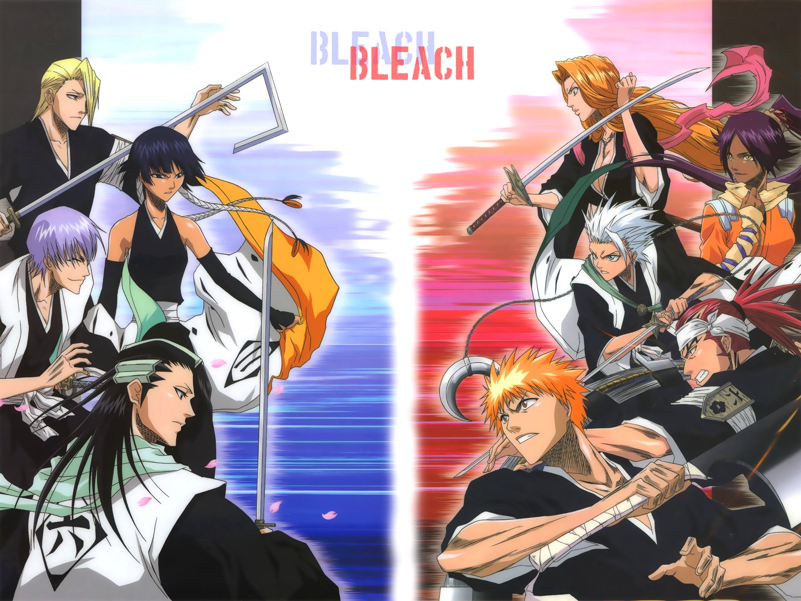 HD desktop wallpaper featuring Bleach anime characters Izuru Kira, Byakuya Kuchiki, Gin Ichimaru, Soifon, Rangiku Matsumoto, Yoruichi Shihôin, Tōshirō Hitsugaya, Renji Abarai, and Ichigo Kurosaki.