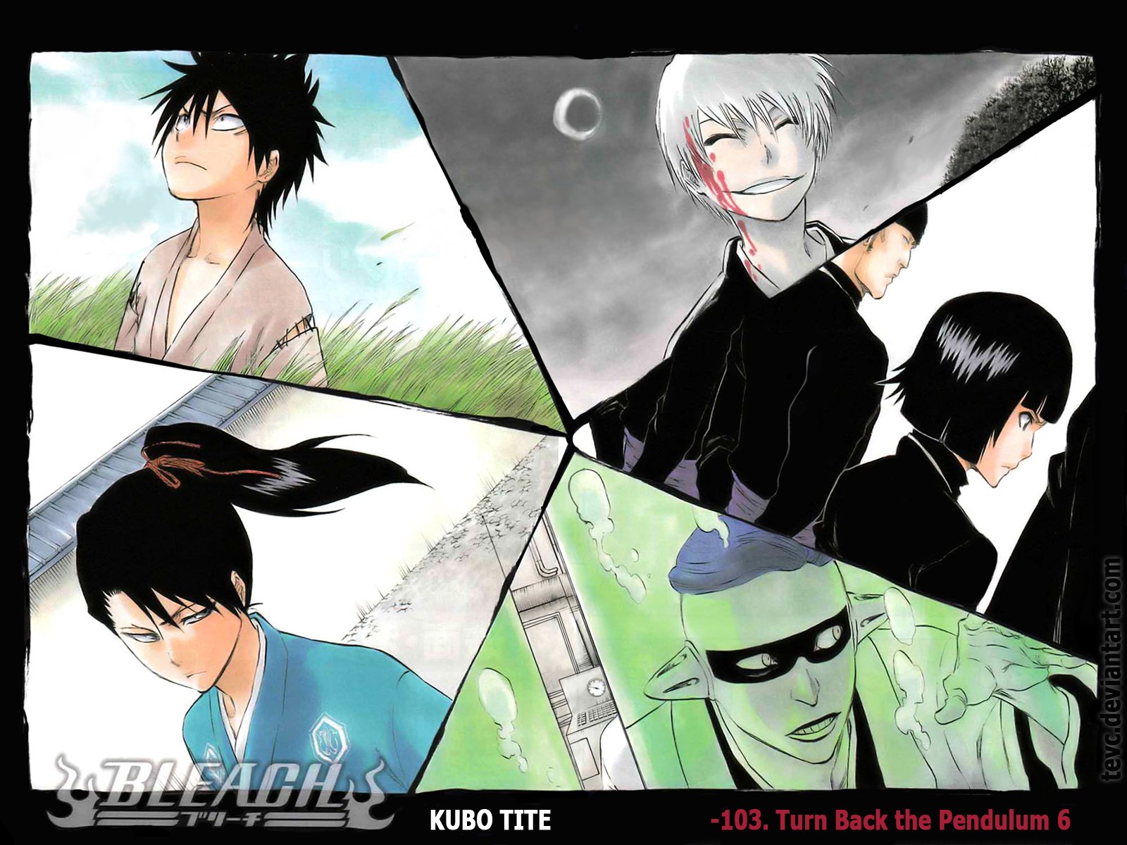 HD PC wallpaper from Bleach showing split-panel portraits of Mayuri Kurotsuchi, Byakuya Kuchiki, Soifon and Gin Ichimaru.