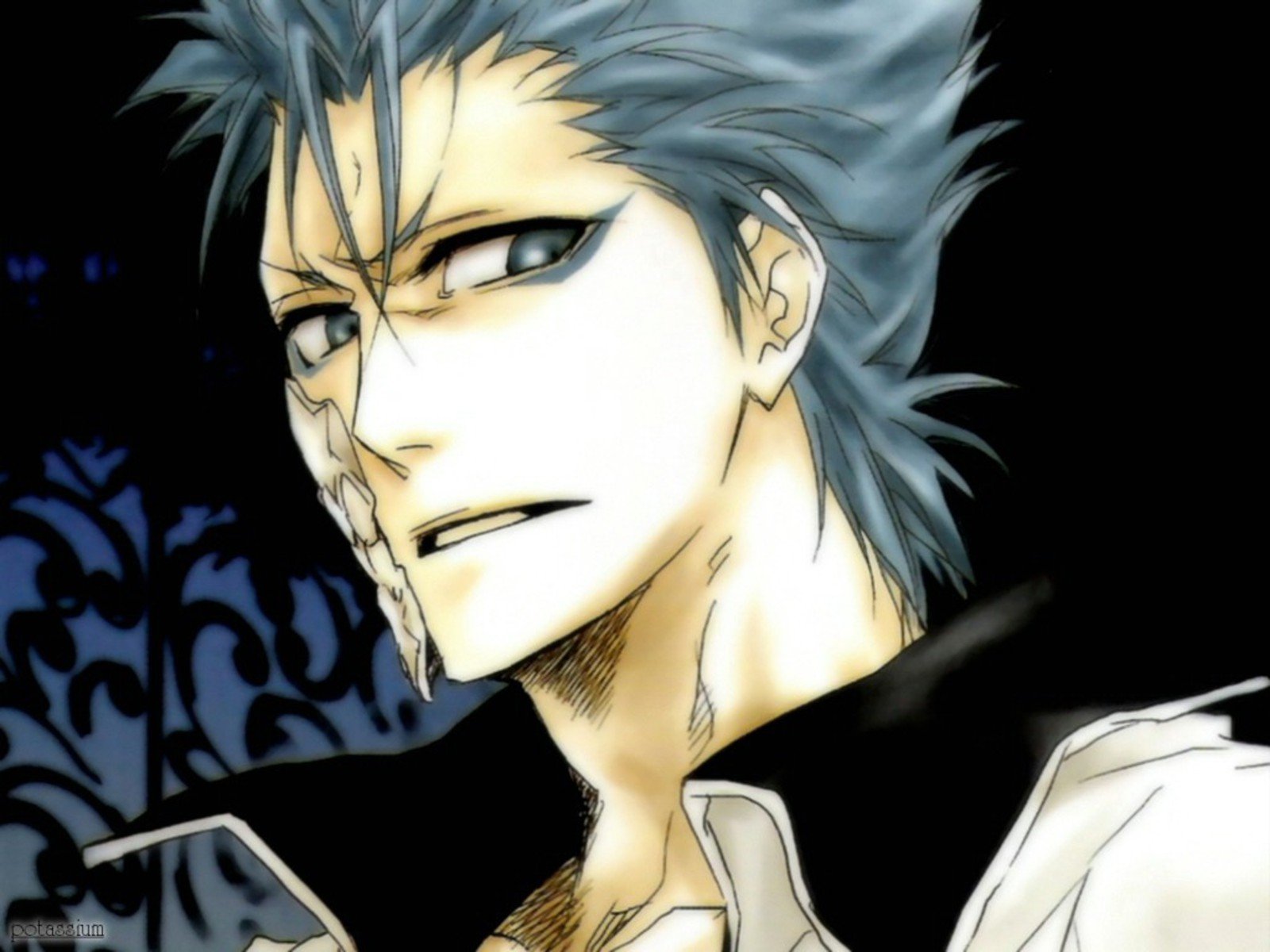 HD PC desktop wallpaper of Grimmjow Jaegerjaquez from Bleach: blue-haired Arrancar smirking, jaw mask fragment visible, set against a dark ornamental backdrop.