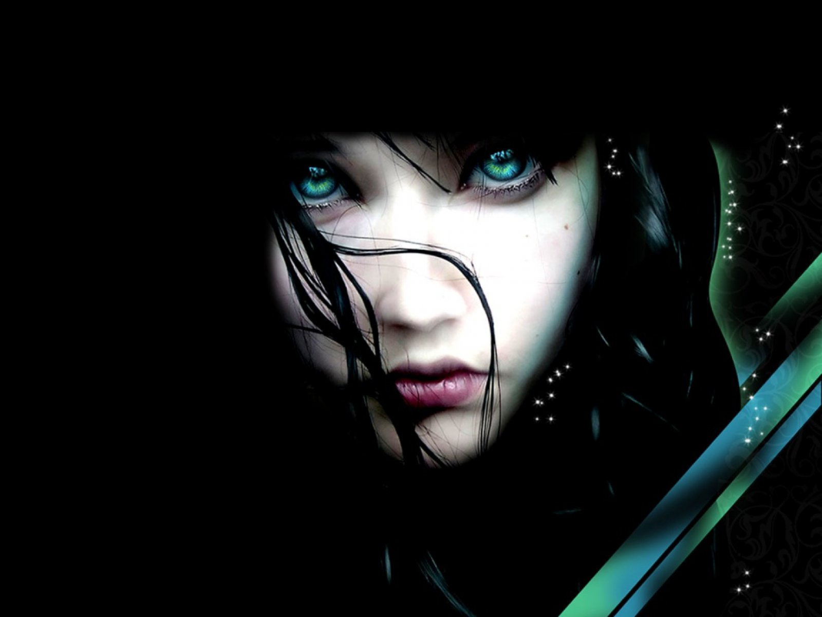 A captivating fantasy-themed HD desktop wallpaper featuring a woman with striking green eyes and dark hair, set against a rich black background.