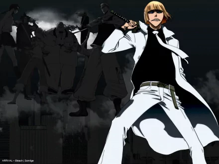HD anime wallpaper featuring Shinji Hirako from Bleach, wielding a sword with shadowy figures in the background against a dark, moody sky.
