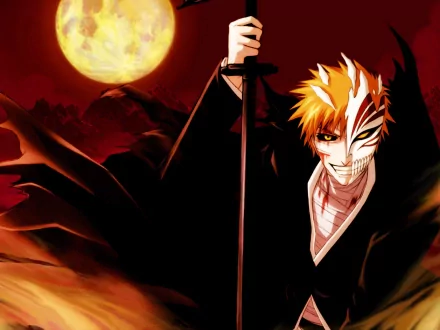 HD wallpaper of Hollow Ichigo from Bleach, depicting him in a dramatic, dark environment with a full moon in the background. The image combines elements of anime and action for an intense visual effect.