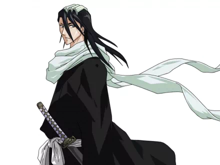 Byakuya Kuchiki (Bleach) anime HD PC desktop wallpaper and background - stoic figure in black kimono with flowing white scarf and zanpakuto on white backdrop.