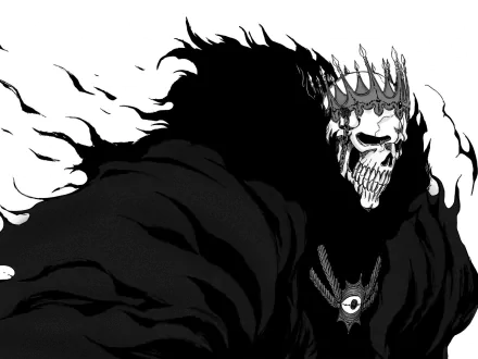 Baraggan Louisenbairn, Anime Bleach HD wallpaper: crowned skeletal mask and tattered cloak in stark black-and-white, wind-swept, shadowy silhouette.