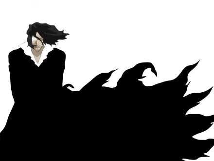 HD PC desktop wallpaper/background featuring Zangetsu (Bleach): stark white backdrop, bold black flowing cloak silhouette and his stern anime profile.