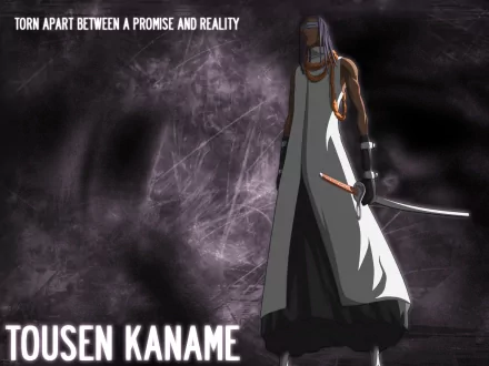 HD PC desktop wallpaper of Kaname Tosen from Bleach: blindfolded shinigami in a white haori holding a katana against a dark, smoky background.