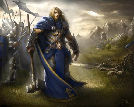 HD PC desktop wallpaper featuring a heroic warrior from the video game Warcraft III: Reign of Chaos, standing in a dramatic battlefield landscape.