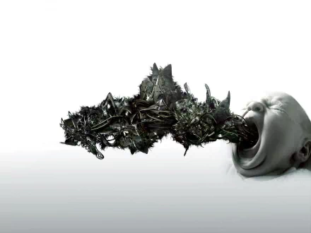 Abstract CGI HD desktop wallpaper featuring a dark, evil baby with intricate textures and patterns emerging from its open mouth, set against a stark white background.