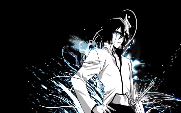 High-definition wallpaper featuring Ulquiorra Cifer from the anime Bleach, showcasing a striking design with dynamic blue and black elements.