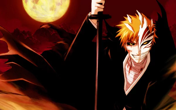 HD wallpaper of Hollow Ichigo from Bleach, depicting him in a dramatic, dark environment with a full moon in the background. The image combines elements of anime and action for an intense visual effect.