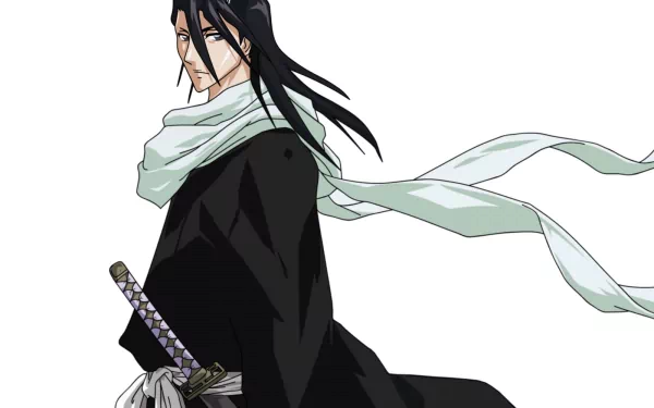 Byakuya Kuchiki (Bleach) anime HD PC desktop wallpaper and background - stoic figure in black kimono with flowing white scarf and zanpakuto on white backdrop.