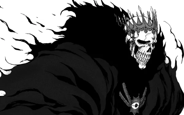 Baraggan Louisenbairn, Anime Bleach HD wallpaper: crowned skeletal mask and tattered cloak in stark black-and-white, wind-swept, shadowy silhouette.