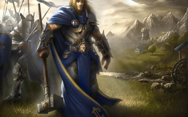HD PC desktop wallpaper featuring a heroic warrior from the video game Warcraft III: Reign of Chaos, standing in a dramatic battlefield landscape.