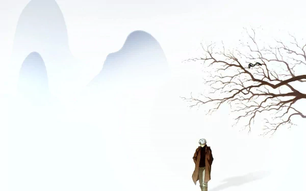HD anime desktop wallpaper from Mushishi featuring a lone figure standing in a misty landscape with faint mountain silhouettes and a bare tree branch.