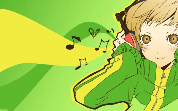 HD PC desktop wallpaper featuring Chie Satonaka from the video game Persona 4, with vibrant green and yellow tones and musical notes in the background.