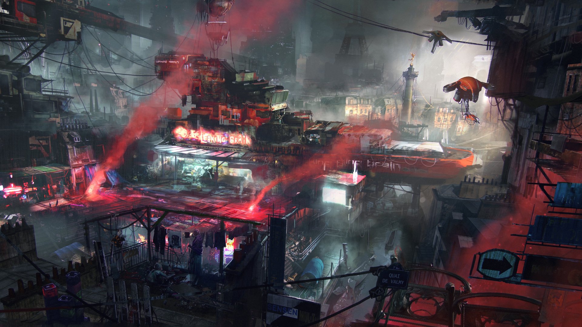 Remember Me video game 4K Ultra HD PC desktop wallpaper: sprawling dystopian cyberpunk cityscape at night with red neon smoke, stacked platforms, cranes and silhouetted figures.