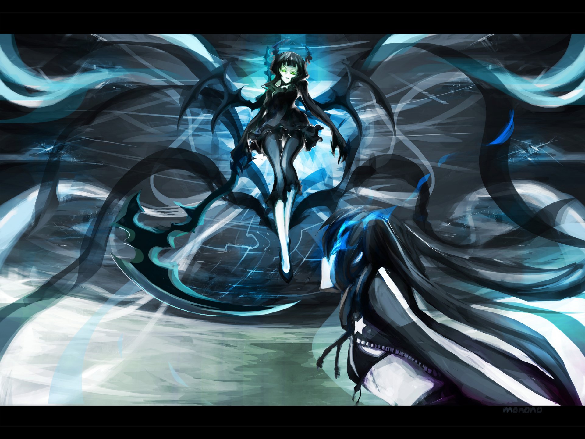 Dead Master from Black Rock Shooter anime, depicted in a dynamic 4K Ultra HD desktop wallpaper with dark, swirling energy and vivid blue highlights.
