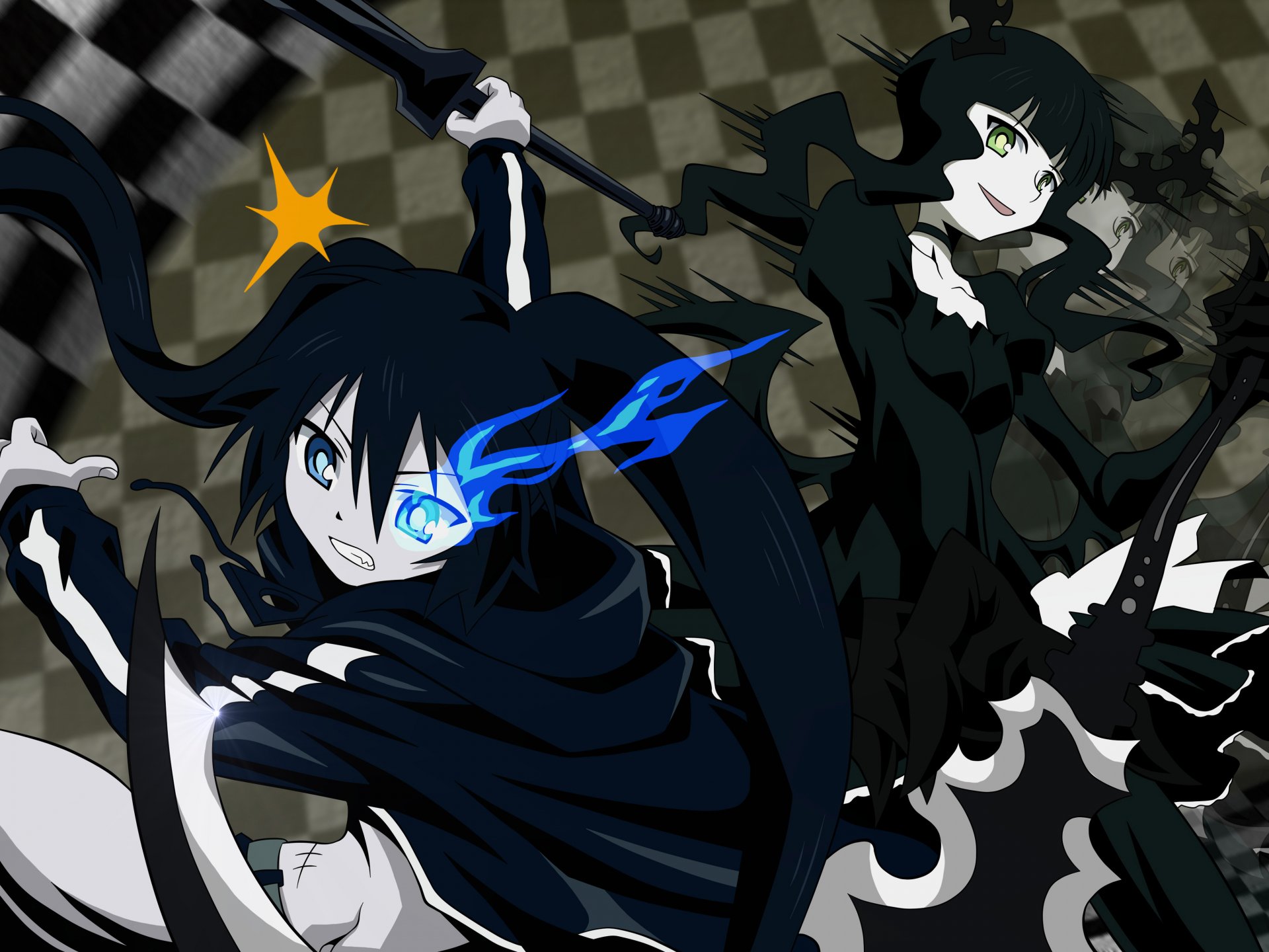 4K Ultra HD anime wallpaper featuring Dead Master and Black Rock Shooter in dynamic action poses with vivid blue flames and dark gothic tones.