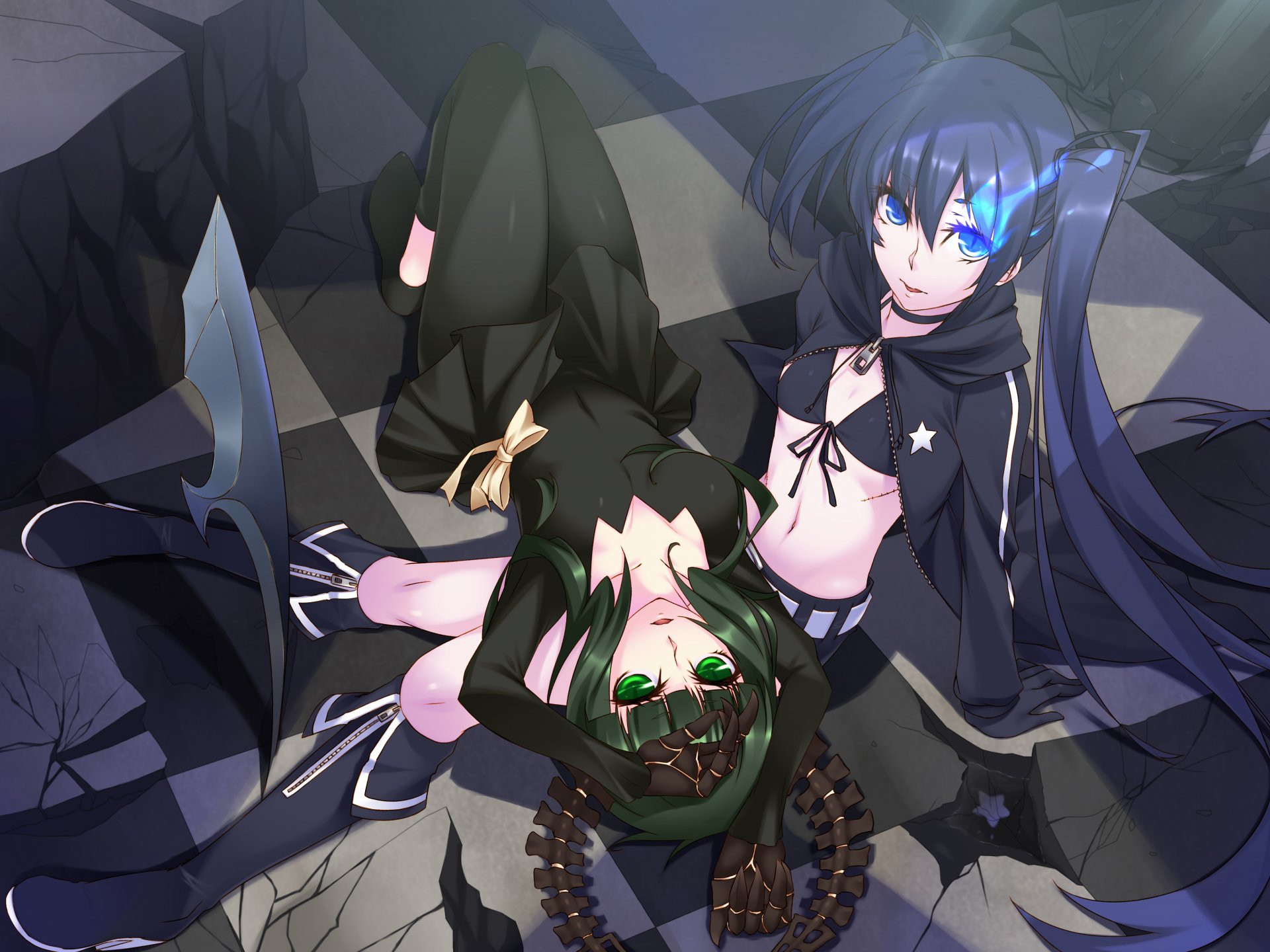 4K Ultra HD desktop wallpaper: Dead Master and Black Rock Shooter — two anime heroines lying back-to-back on a tiled floor; blue-eyed Black Rock Shooter, green-eyed Dead Master with horned headpiece.