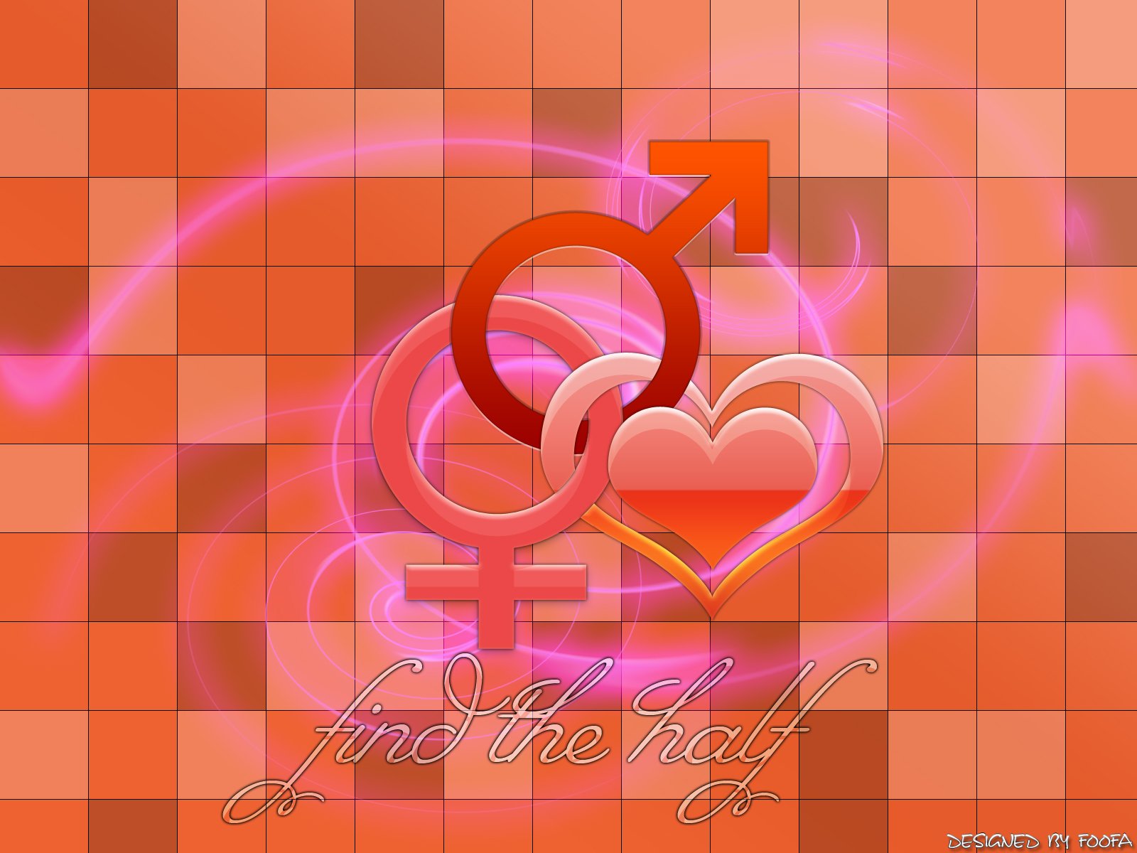 An artistic HD wallpaper featuring symbols of love, including intertwined male and female icons and a heart, set against a vibrant orange and pink background.