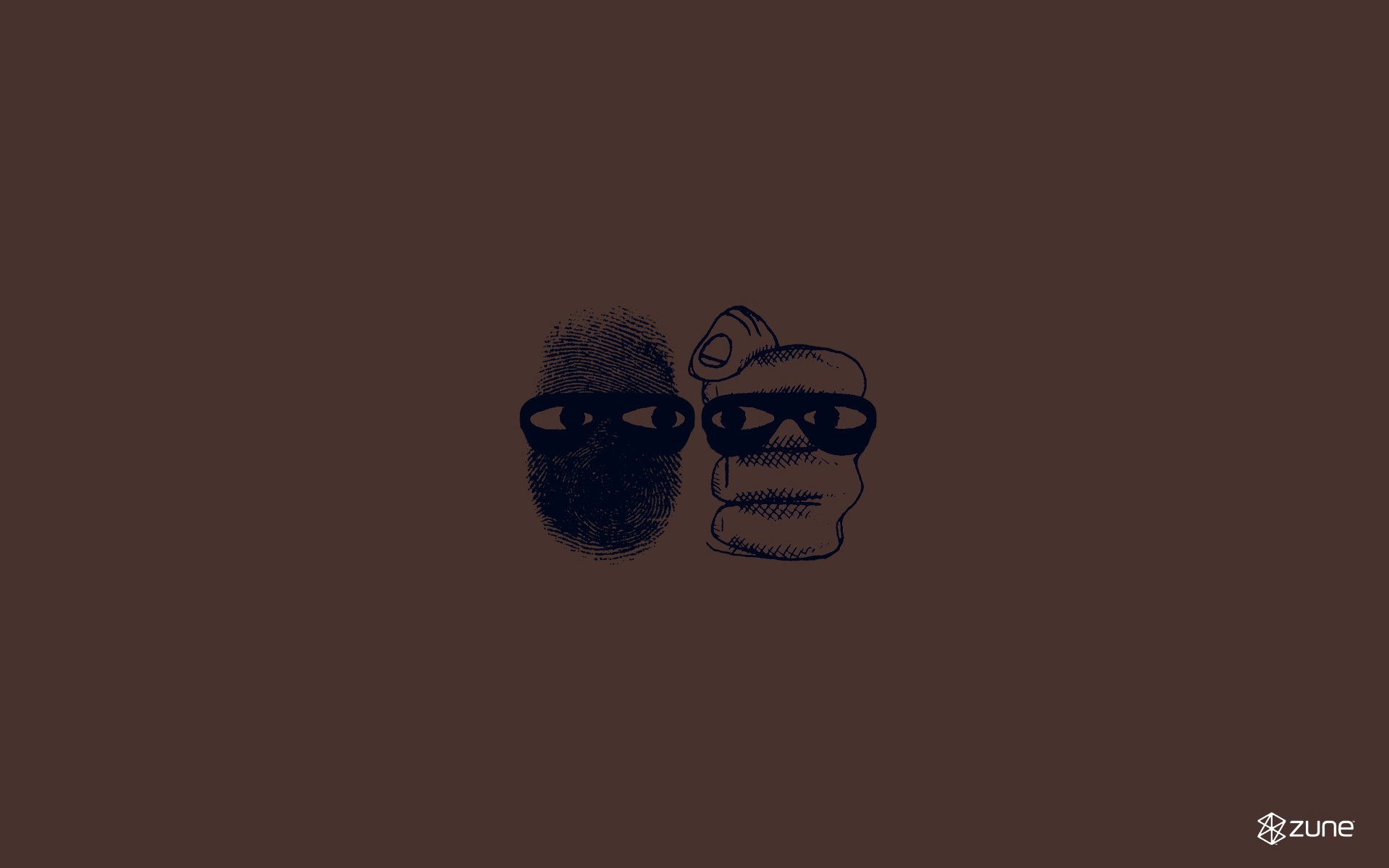 HD PC desktop wallpaper featuring minimalist man-made illustrations of two heads wearing dark glasses, branded with the Zune logo in the corner.