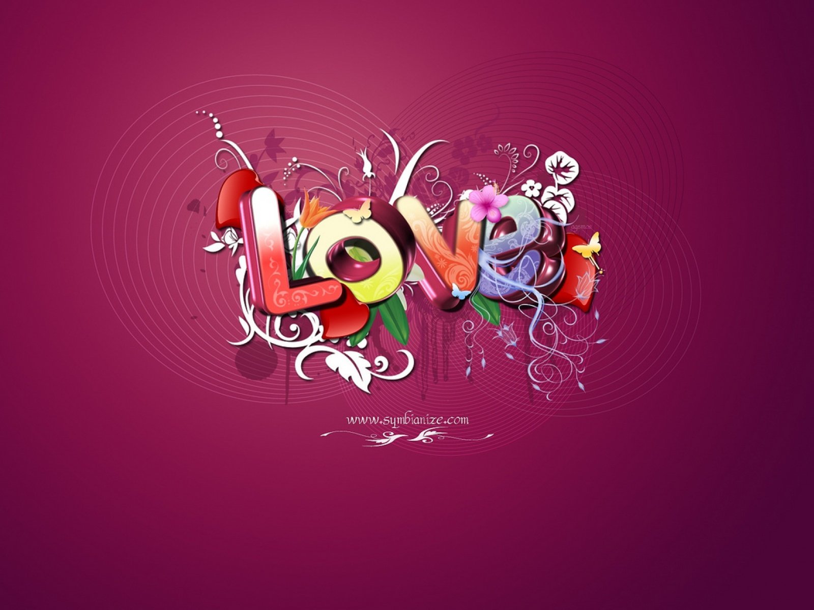 An artistic HD desktop wallpaper featuring the word LOVE in vibrant colors, surrounded by floral designs and abstract elements, set against a deep purple background.
