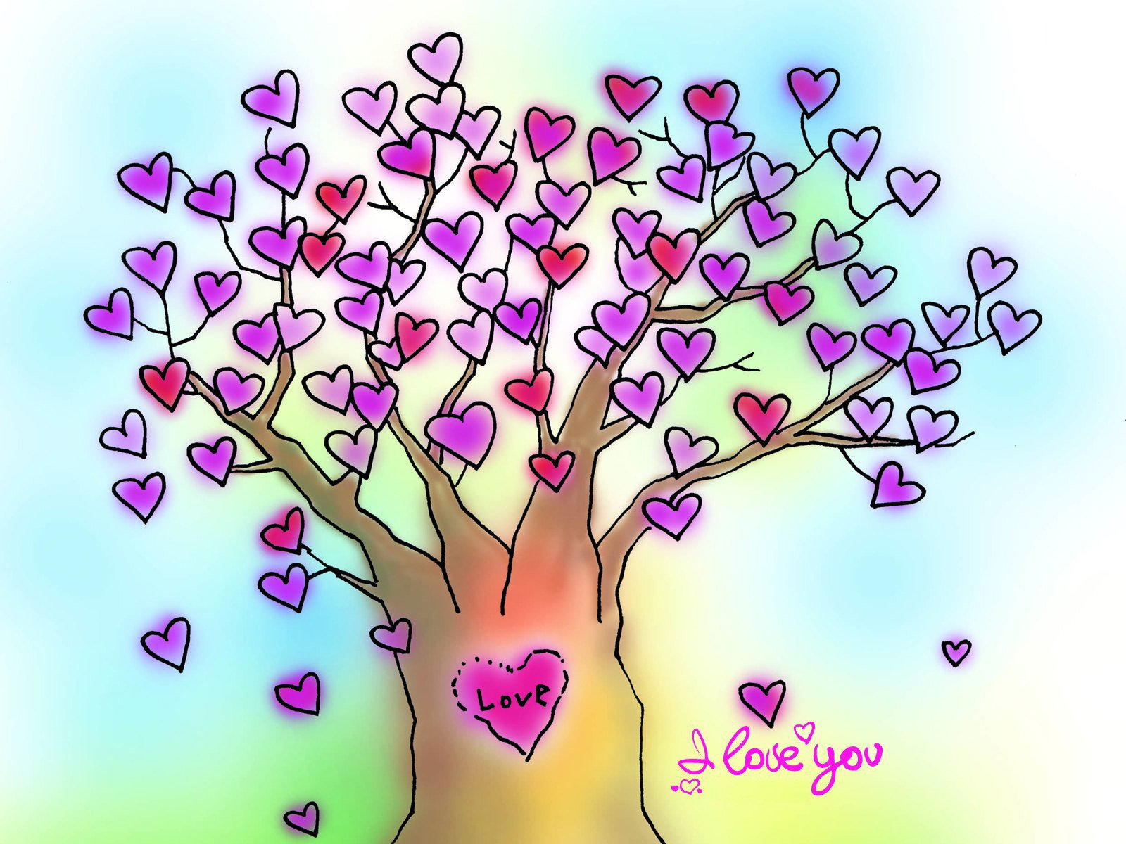 A whimsical tree adorned with colorful hearts symbolizes love, set against a soft, gradient background, creating a vibrant and artistic desktop wallpaper.