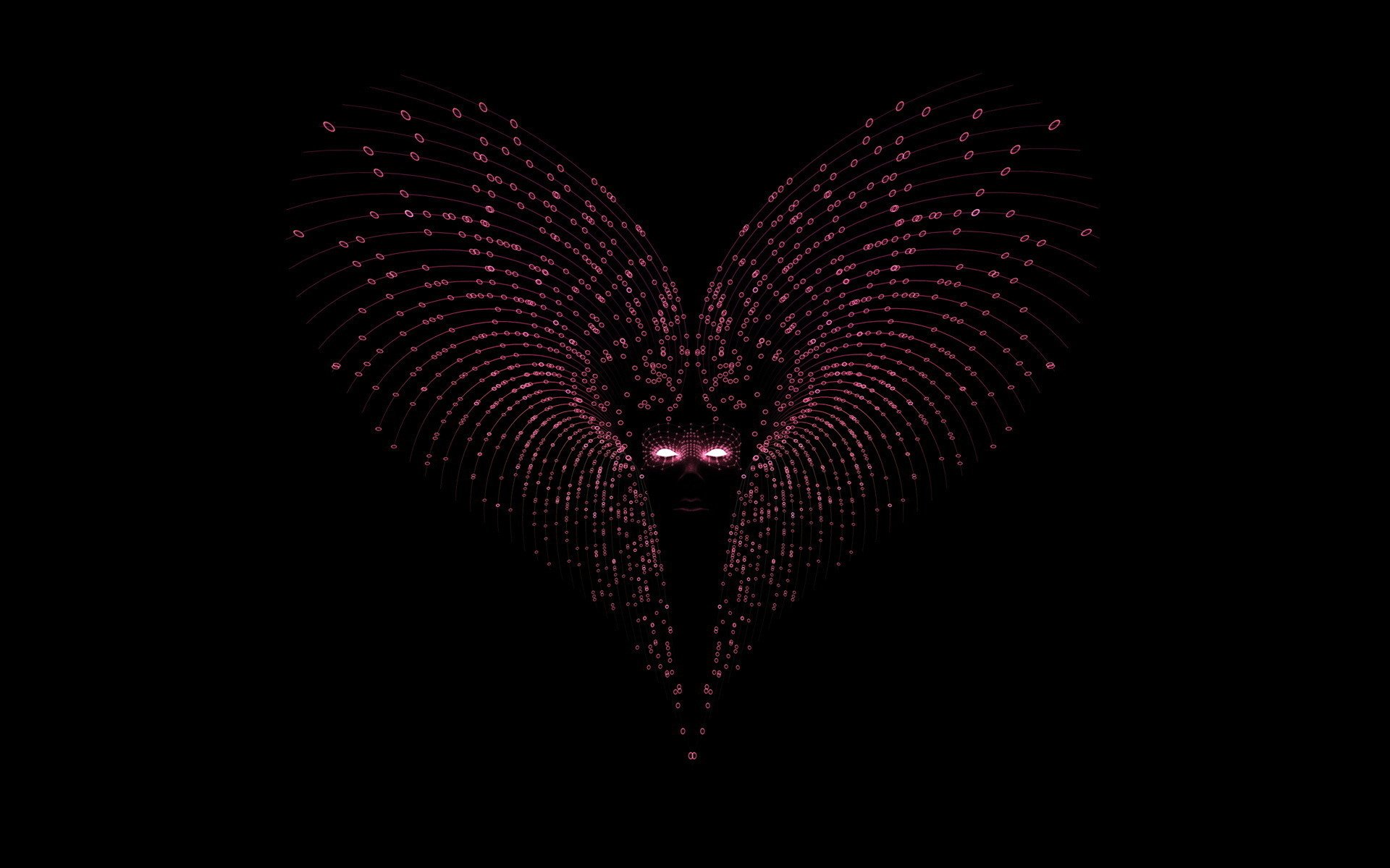 Abstract digital art of a stylized face formed by pink circular patterns on a black background, designed as an HD PC desktop wallpaper.