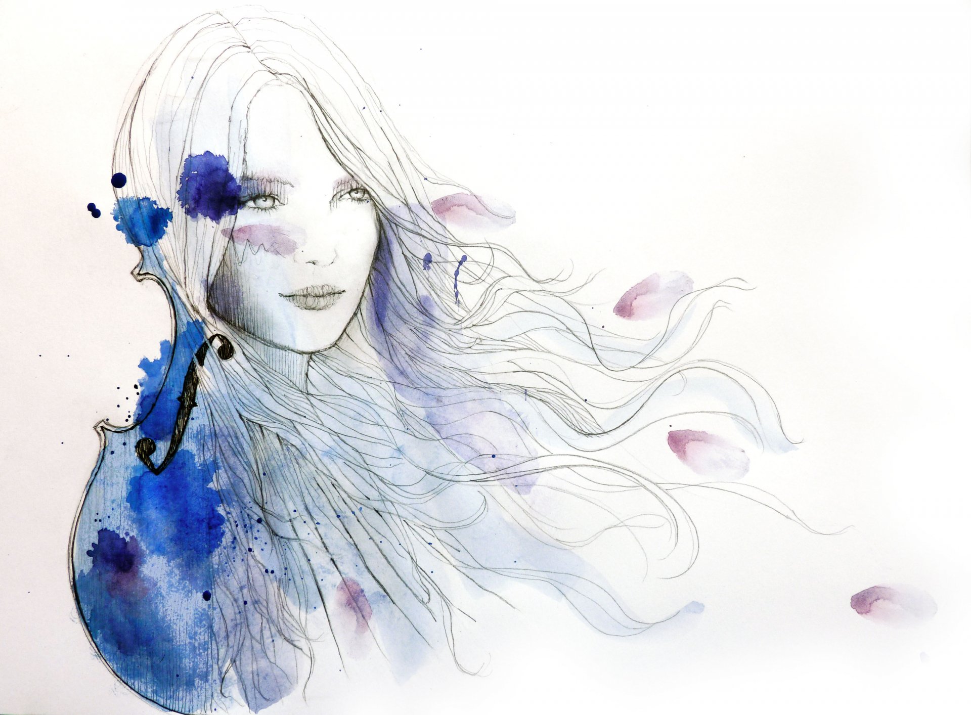 Artistic drawing of a woman with flowing hair in watercolor style, featuring blue and purple hues, designed as a 4K Ultra HD PC desktop wallpaper and background.