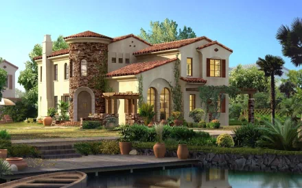 A picturesque man-made house surrounded by lush greenery, featuring a combination of stone and stucco. The scene is set by a serene pond, making it a striking HD desktop wallpaper.