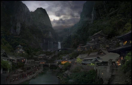 A captivating fantasy city nestled in a lush valley, surrounded by towering mountains and illuminated by soft lights, creating an enchanting and serene atmosphere.