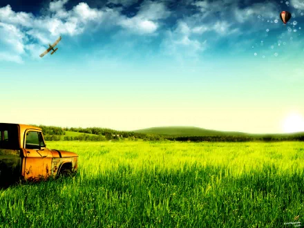 HD PC desktop wallpaper showcasing a dreamy world with a vintage truck in a lush green field under a bright sky and a small airplane flying overhead.